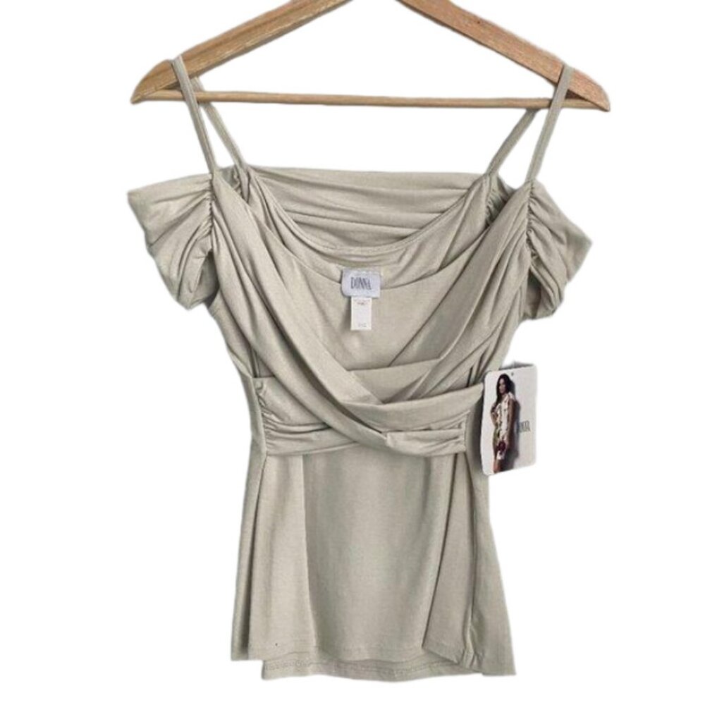 Donna Cross Front Off the Shoulder Slim Fit Ivory Tank Top Size M